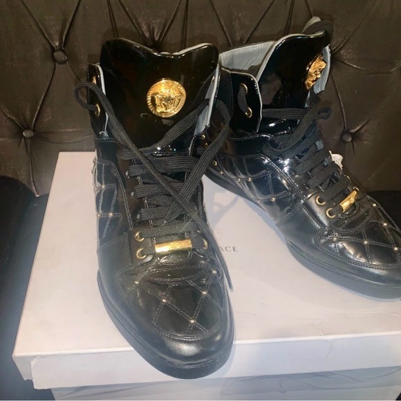 Versace Patent Black Leather Gold Studded Sneakers(no box) - Picture 3 of 4